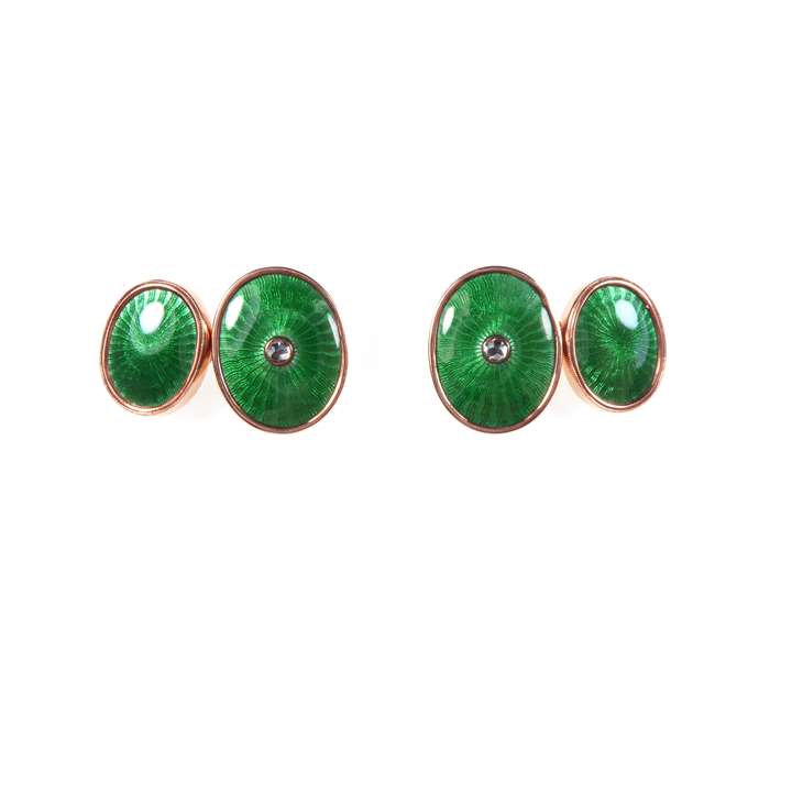 Pair of green enamel and diamond oval cufflinks